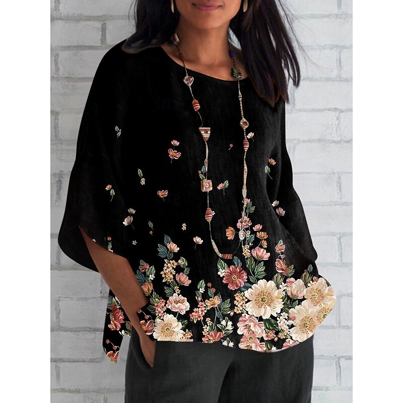 Women's Shirt Floral Daily Casual 3/4 Length Sleeve Crew Neck Regular Tops Daily Holiday Print Black White Summer Spring Fall