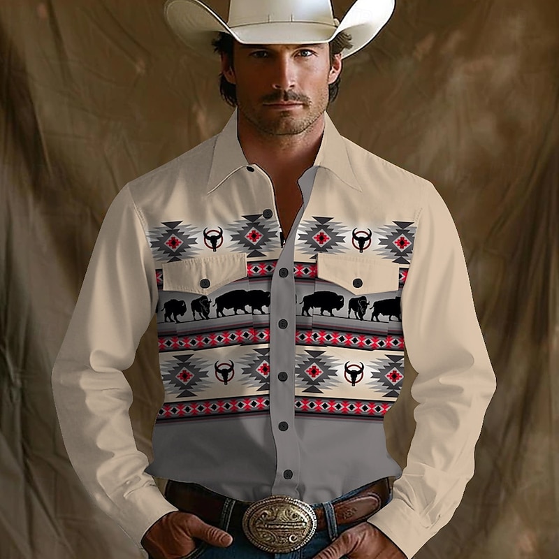 Men's Aztec Ethic / African Western Shirt Button Up Shirt Cowboy Shirt Long Sleeve Vintage Retro Outdoor Camping & Hiking Spring Fall Turndown 3D Print Front Two Pockets Linen Like Shirt Blue Khaki