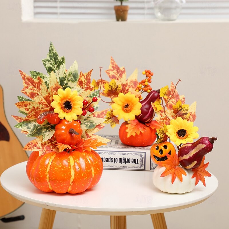 Halloween Fall Desktop Ornament with Pumpkin Decoration for Halloween Party, Autumn Maple Leaves, Foam Pumpkin Prop for Harvest Festival, Fall Scene Display and Holiday Decor