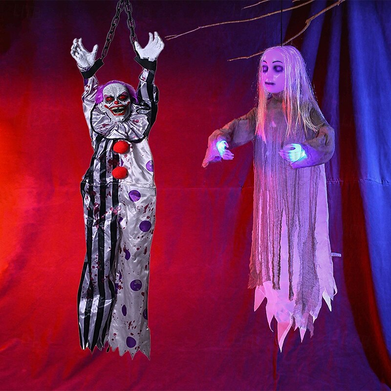 Terrifying Hanging Women Ghost, Halloween Scary Realistic Hanging Dead Body with Glowing Eyes, 3.93 Ft Sound Activated Hanging Ghost for Halloween Haunted Houses Party Outdoor Decorations