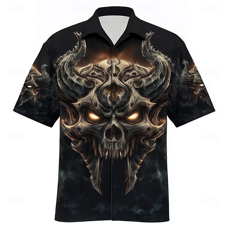 Men's Devil Flame Halloween Costumes Shirt Cuban Collar Shirt Button Up Shirt Short Sleeve Dark Punk Gothic Style Holiday Streetwear Summer Camp Collar Shirt 3D Print Black 1 Black Black 23