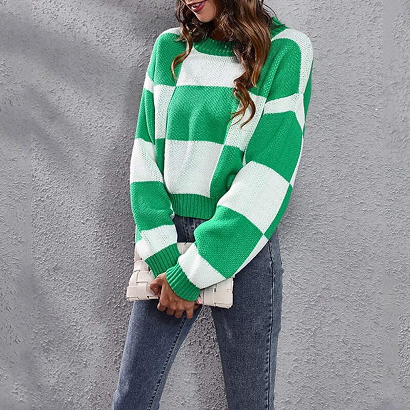 Women's Pullover Casual Plaid Chunky Crew Neck Knitted Long Sleeve Crop Tops Knit Daily Holiday Going out Green Fall Winter