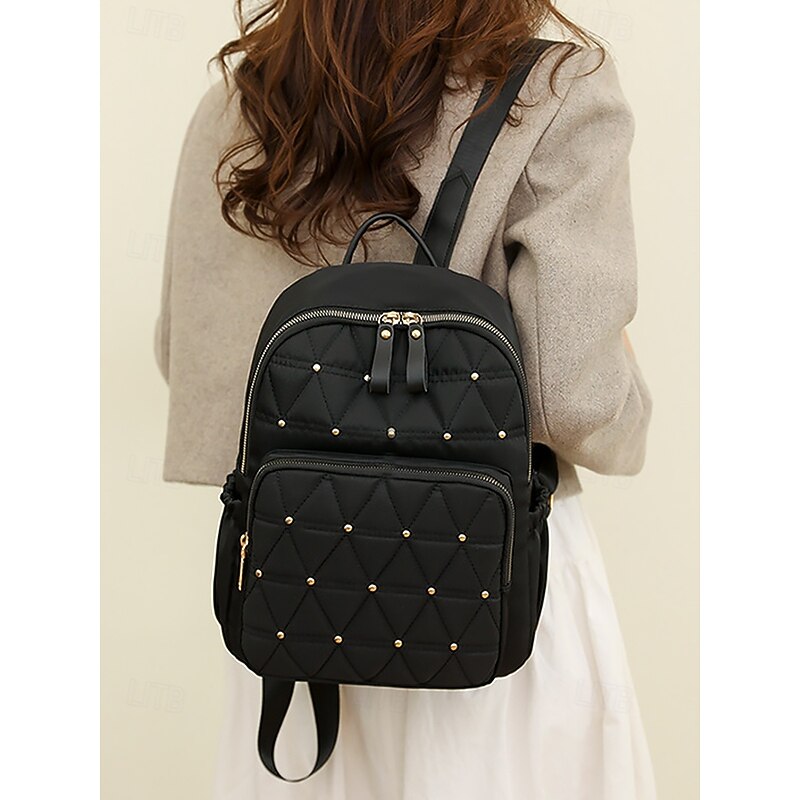 Women's Quilted Waterproof Nylon Backpack – Lightweight Fashion Daypack with Studded Detail, Multi-Pocket Design for School, Work or Travel2