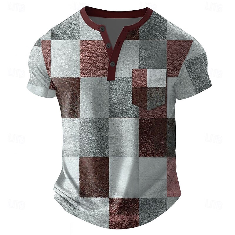 Men's Patchwork T Shirt Henley Shirt Short Sleeve T shirt 3D Print Henley Shirt Designer Retro Vintage Street Casual Daily Blue Brown Green Summer Spring All Seasons Clothing Apparel S M L XL 2XL 3XL3