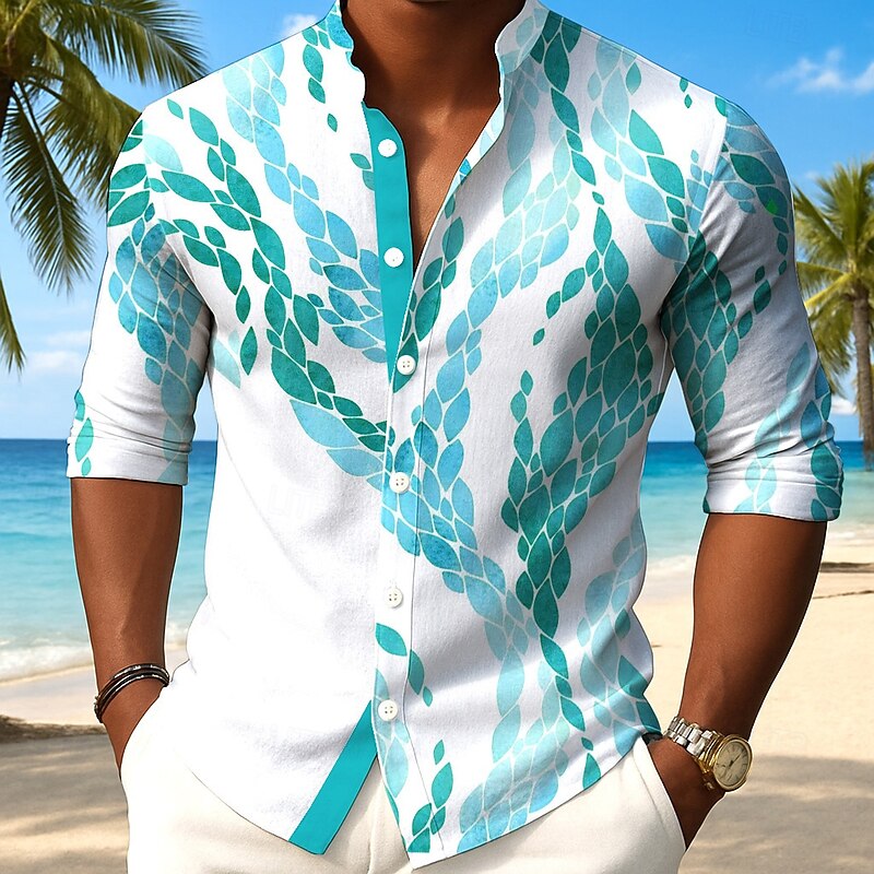 Men's Ombre Graphic Geometric Shirt Linen Shirt Button Down Shirt Long Sleeve Fashion Casual Outdoor Vacation Party Summer Spring Fall Grandad Collar Button Up 3D Print Blue Mint Green Purple2