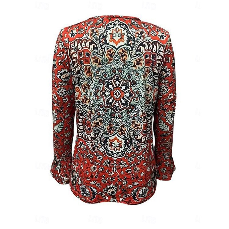 Women's Blouse Floral Retro Vintage Ethnic 3/4 Length Sleeve V Neck Regular Tops Daily Holiday Print Red Summer Spring Fall4
