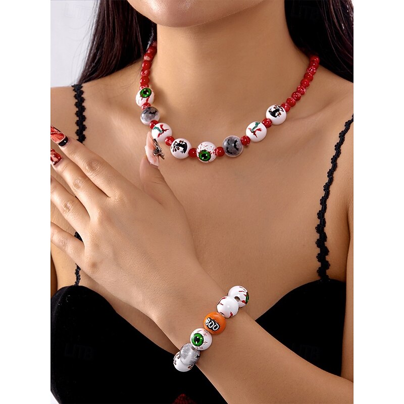 Women's Halloween Beaded Necklace and Bracelet Set – Colorful Eyeball and Pumpkin Beads, Spooky Cute Style for Parties and Cosplay