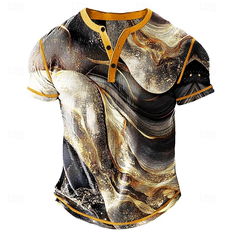 Men's Graphic Geometric Abstract Henley Shirt Waffle T Shirt Short Sleeve Daily Retro Vintage Classic Sports Outdoor Casual Holiday Spring & Summer All Seasons Blue Yellow Green Purple Dark Grey