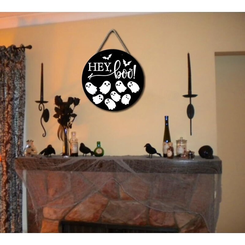 Halloween Wooden Welcome Door Sign Cust Ghost, Spooky Front Door Hanging Plaque for Wall, Outdoor Porch, Home Party Decoration Wreath4