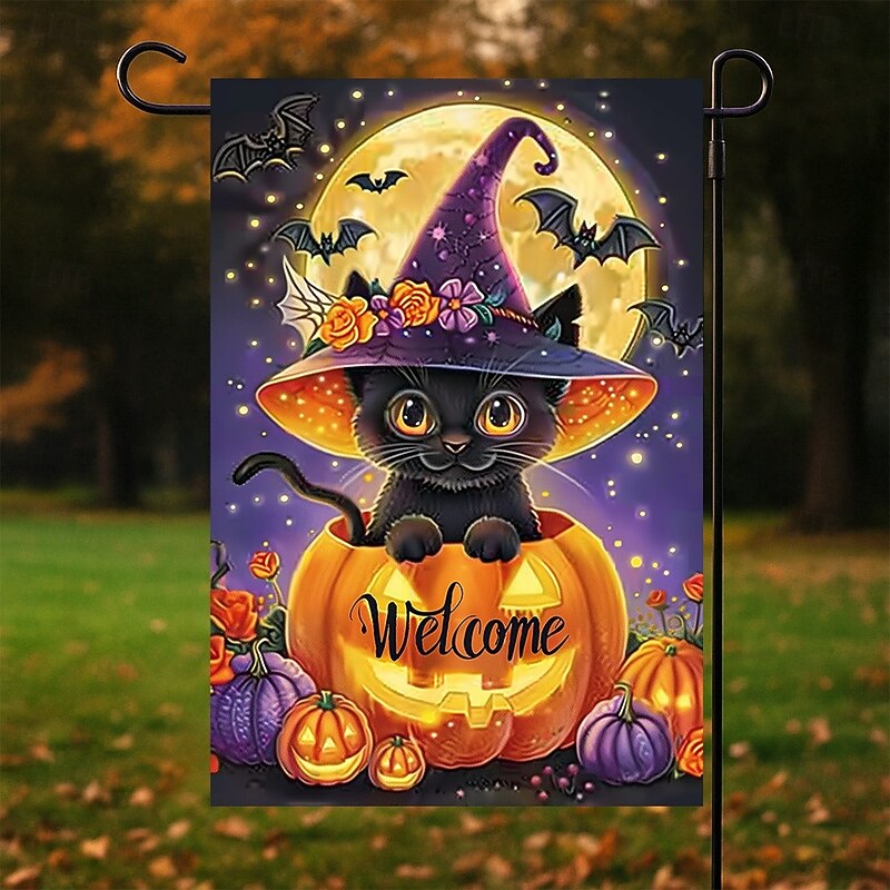 Halloween Garden Flag Banner – Black Cat in Pumpkin Cauldron 