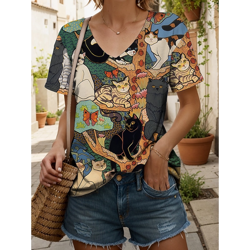 Women's T Shirt Graphic Animal Cat Vintage Stylish Classic Short Sleeve V Neck Regular Tops Daily Print Yellow Pink Blue Purple Orange Summer Spring