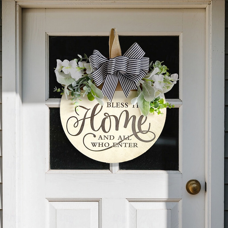 Farmhouse HOME Welcome Sign Wooden Front Porch Hanging Decor with Faux Flowers and Bowknot, Rustic Yard Door Wall Plaque3