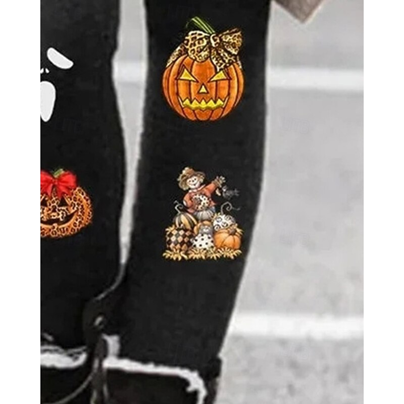 Women's Pants Trousers Leggings Streetwear Casual Full Length High WaistPantsHalloween Pumpkin Elastic Waist Print Breathability Comfortable Stretchy Vacation Street Daily Wear Black Spring Fall3