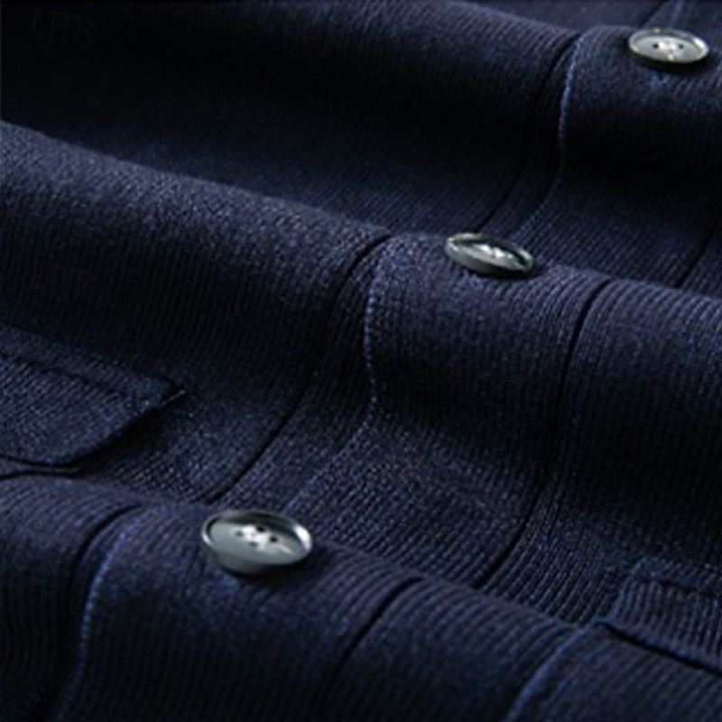 Men's Sweater Cardigan Sweater Ribbed Knit Regular Tops Knitted Plain Fold-over Collar Modern Contemporary Smart Casual Casual Daily Wear Clothing Apparel Spring &  Fall Navy Blue M L XL3