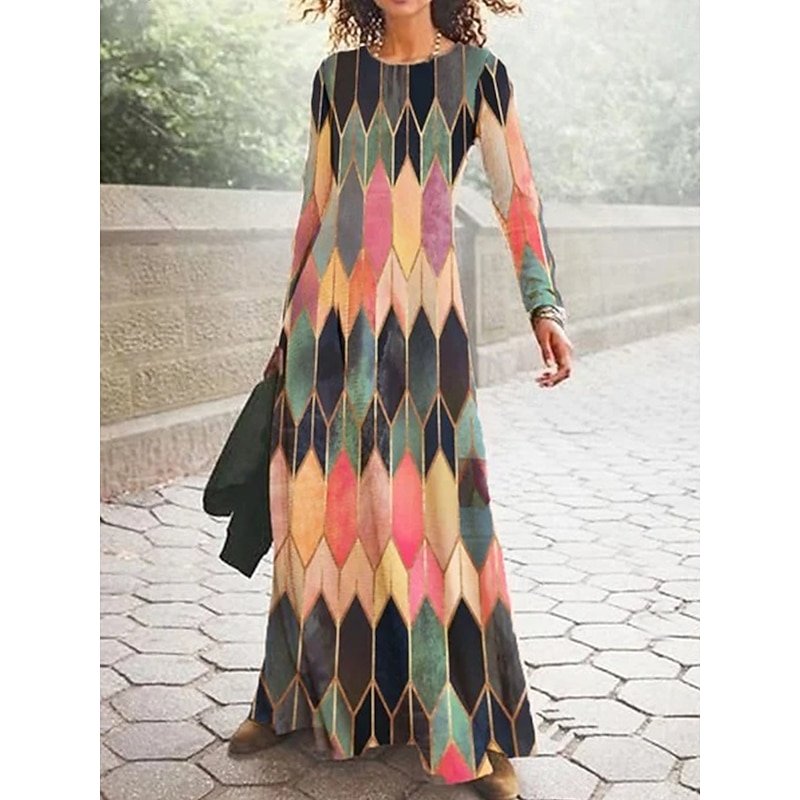 Women's Maxi Dress Vintage Bohemian A Line Dress Crew Neck Long Sleeve Casual Daily Regular Fit Graphic Geometric Light Green Orange Brown Spring Fall Winter Autumn