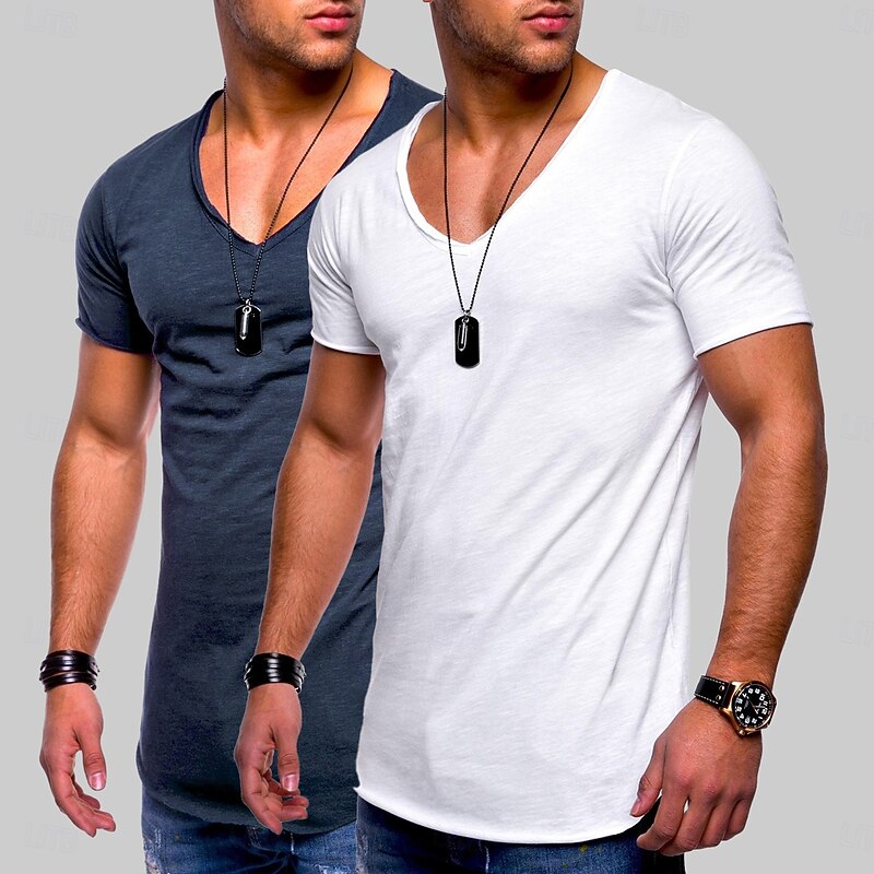 Men's T Shirt Short Sleeve V Neck Summer Solid Color Casual Esencial 2 Piece Casual Sports Dark Blue+White Black+Grey Light Grey + Army Green Top Tee for Men2