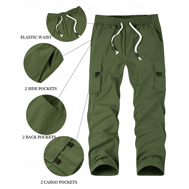Men's Cargo Pants Trousers Elastic Waist Drawstring Multi Pocket Plain Wearable Outdoor Daily Camping & Hiking Fashion Classic Black Green3