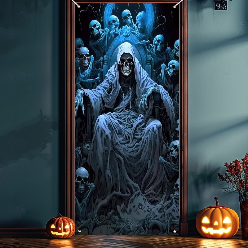 Halloween Door Cover Outdoor Banners Grim Reaper 3D Psychedelic Dark Punk Gothic Style Party Outdoor Shooting Backgrounds Front Door Wall Porch Home Decor2