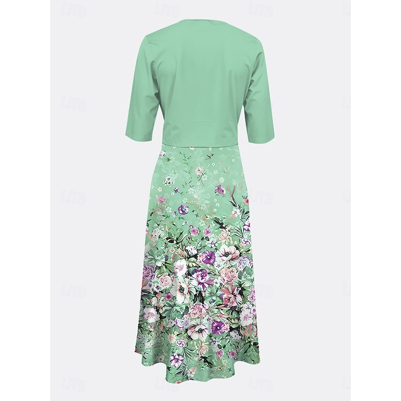 Women's Two Piece Dress Sets Midi Dress with Jacket Elegant A Line Dress Half Sleeve Casual Semi Formal Ombre Floral Print V Neck Date Yellow Pink Blue Regular Fit2