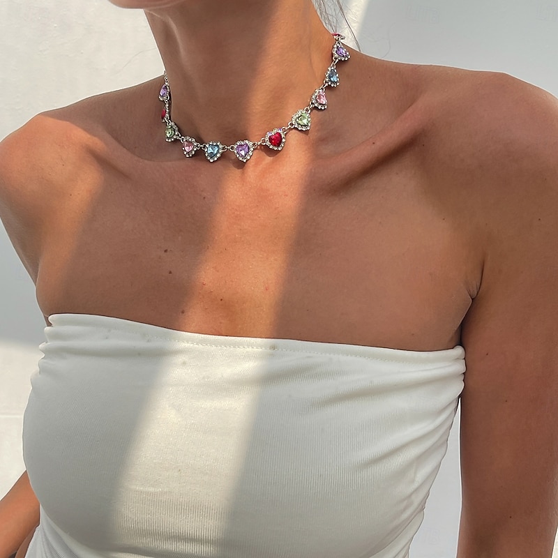 Women's Colorful Heart Crystal Choker Necklace - Cute Y2K Style Jewelry for Girls and Party Outfits3