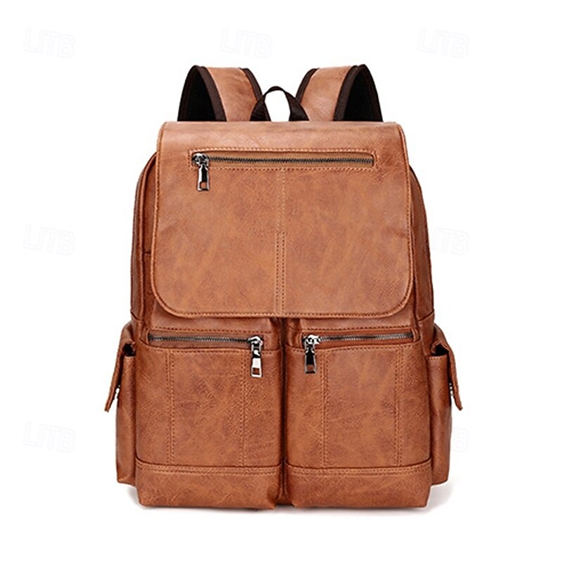 Men's Vintage Brown Faux Leather Backpack with Multi-Zipper Pockets, Large Capacity Travel and Laptop Bag for Work, School, and Casual Daily Use3