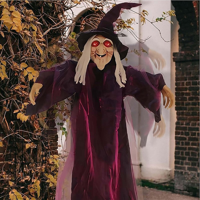 6 FT Flying Witch Halloween Decor Hanging Animated Witch Decoration with Light-Up Eyes and Sound Activation Function Scary Props House Decor for Outdoor/Indoor Garden Yard3