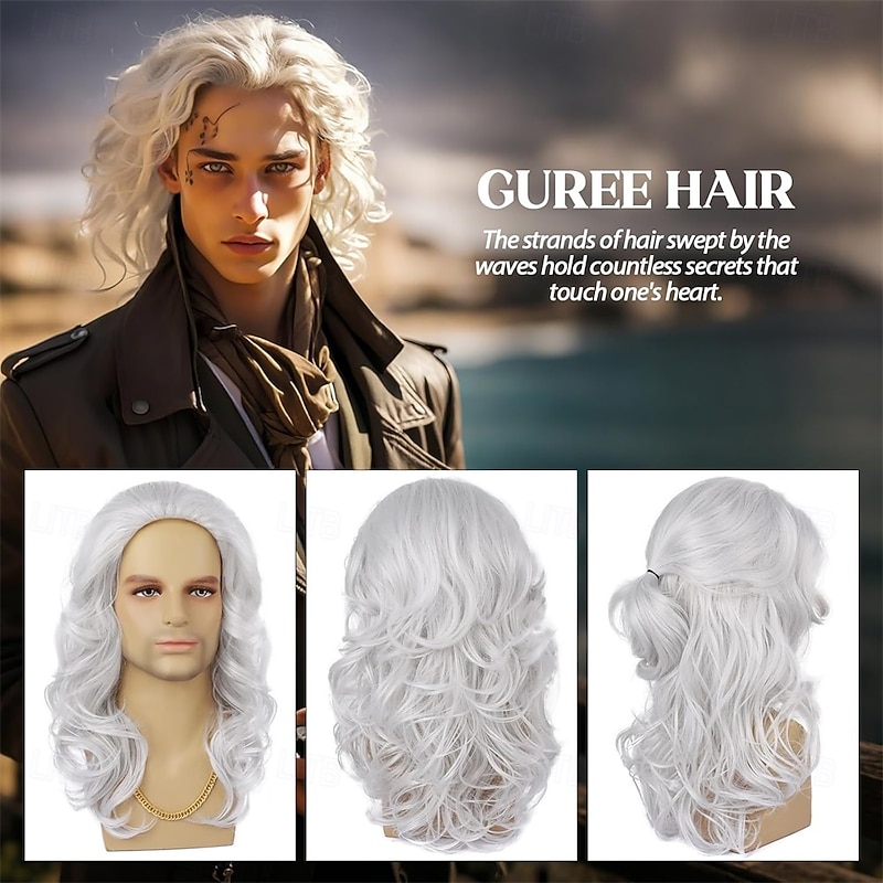 Mens Wig Long Curly Wavy White Wigs for Men Heat Resistant Synthetic Male Wig for Daily Party Cosplay Costume Halloween Use