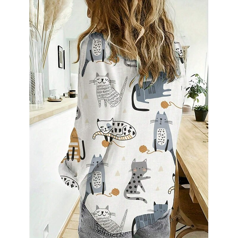 Women's Shirt Button Down Tunic Shirt Collar Long Sleeve Graphic Animal Elegant Vintage Tropical Regular Tops Work Daily s Print White Spring2