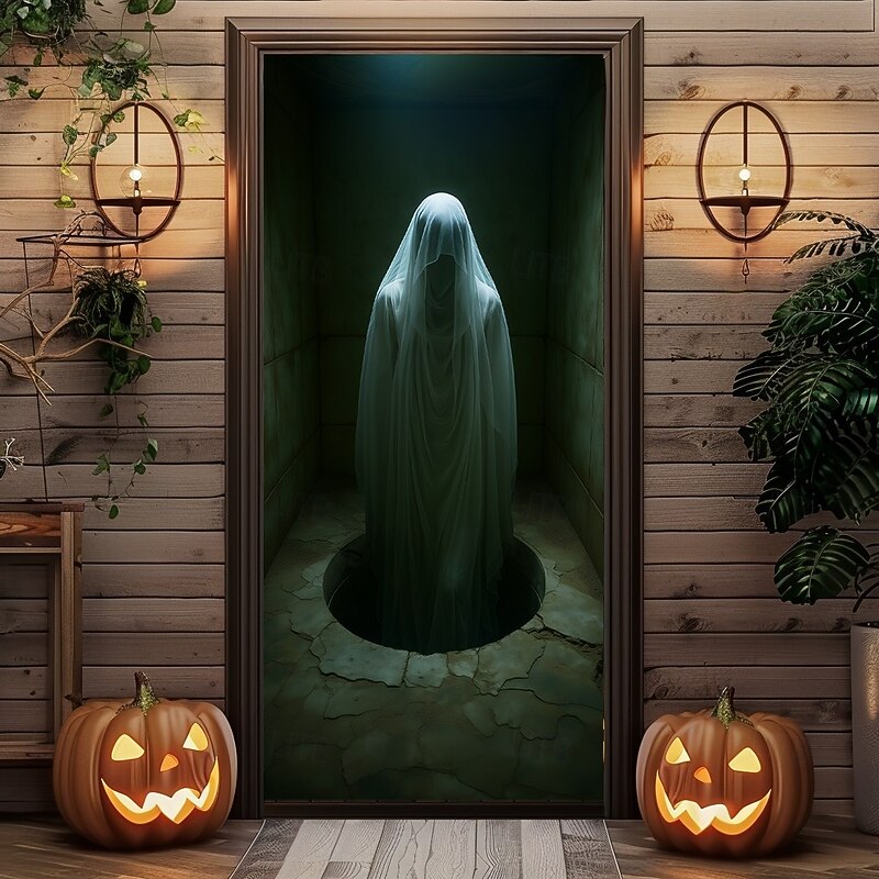 Halloween Door Cover – Creepy Ghost Girl Behind Glass Door, Haunted House Entrance Banner, Horror Outdoor 2025 Halloween Decoration for Bedroom, Living Room, Bathroom4