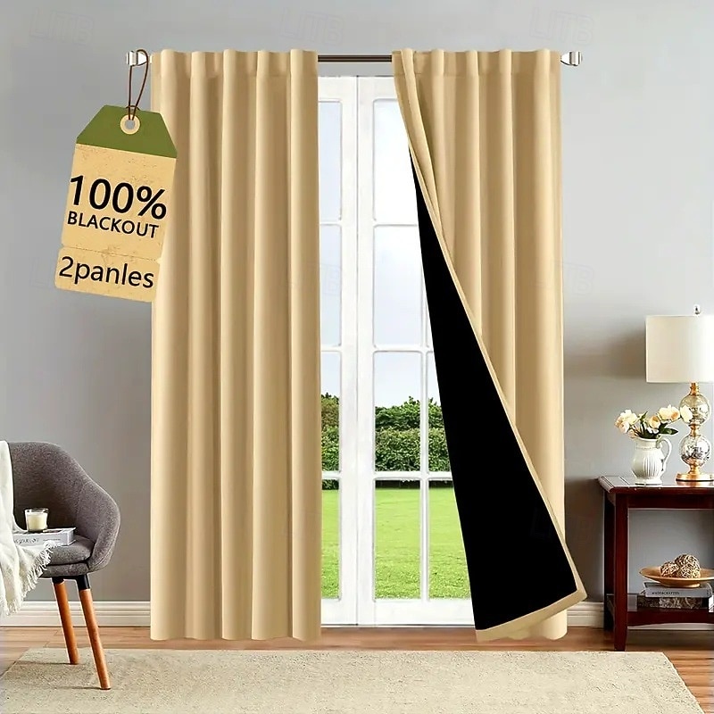 Curtain Drapes 2PC Beige Blackout Curtains  Modern Living Room  Bedroom Decor, Stylish Grommet Top Design4