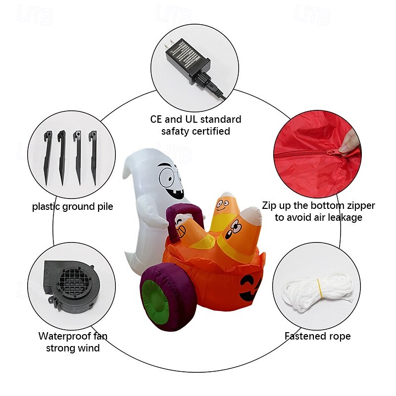 5 FT Halloween Inflatable Ghost Pushing Pumpkin Carriage with Candy, Blow Up Yard Decoration with Build-in LEDs for Halloween Outdoor Party Indoor, Yard, Garden and Lawn Decor4
