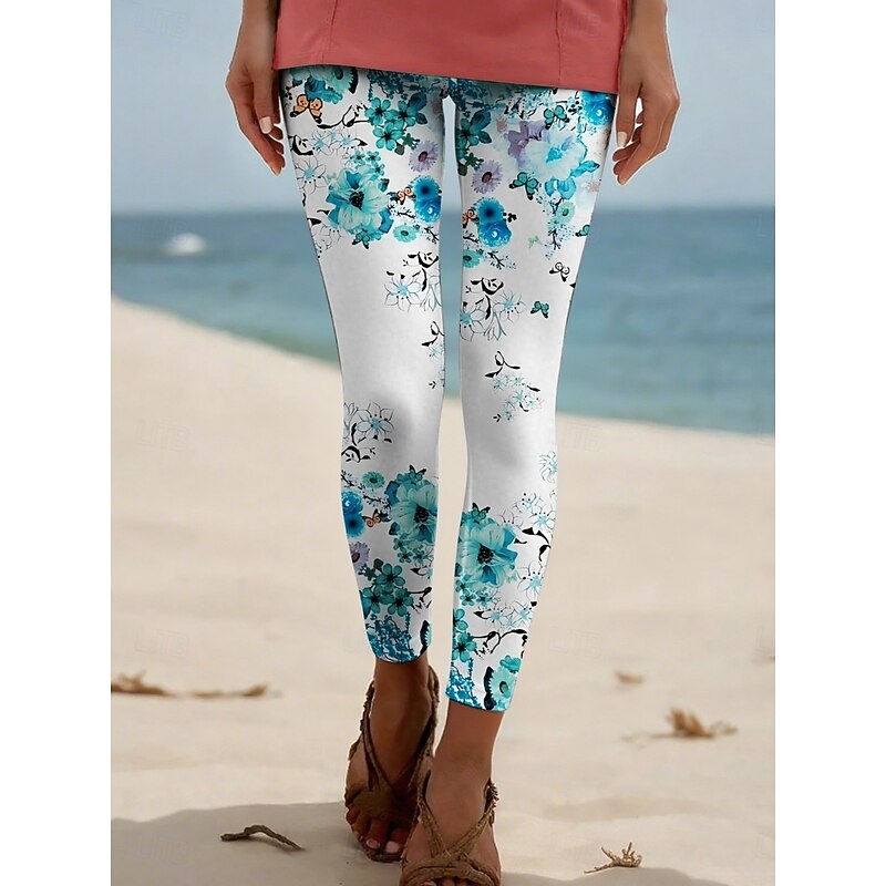 Women's Pants Trousers Leggings Cozy Leggings Streetwear Casual Full Length High Waist Floral Butterfly Elastic Waist Print Breathability Comfortable Stretchy Vacation Street Daily Wear Black White