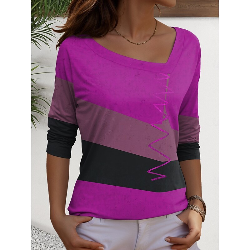 Women's T Shirt Graphic Geometric Vintage Casual Long Sleeve Asymmetric Neck Regular Tops Daily Print Yellow Red Royal Blue Purple Spring Fall3