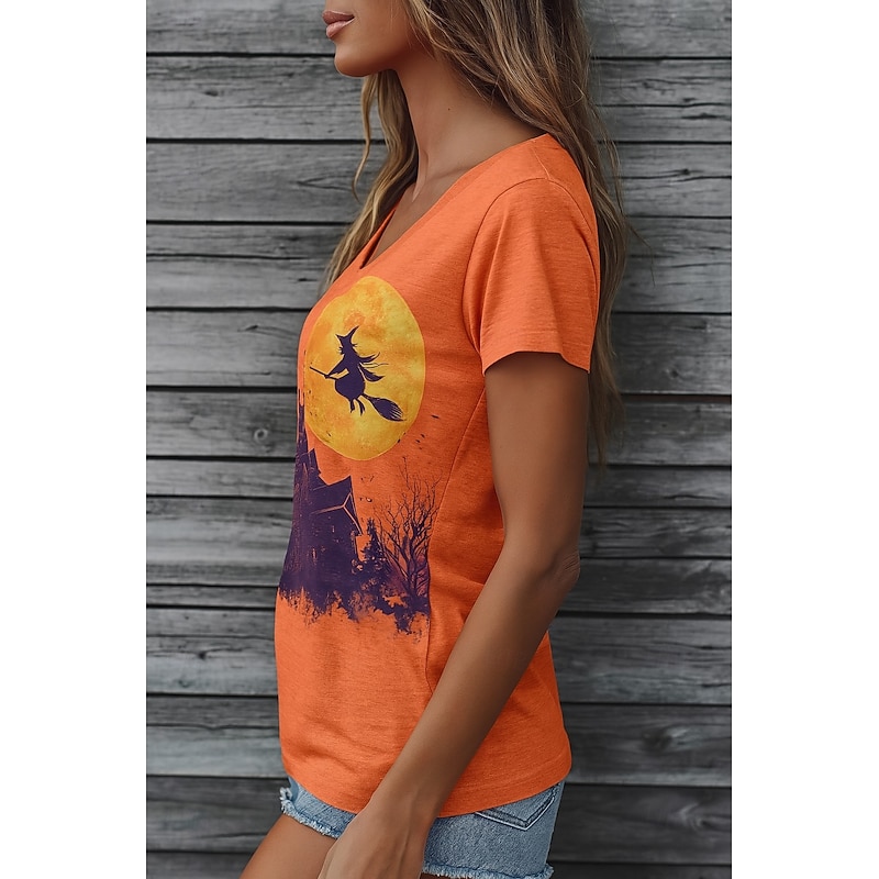 Halloween Women's T shirt Witch Graphic Plants Vintage Stylish Casual Short Sleeve V Neck Regular Tops Daily Print Orange Summer Spring Fall3