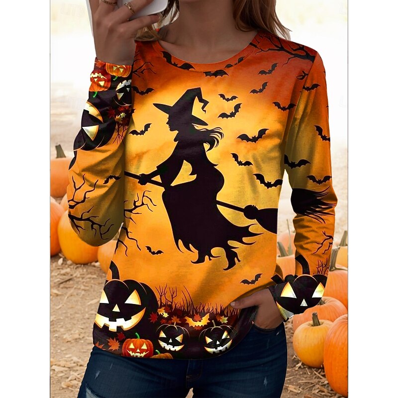 Halloween Women's T shirt Witch Long Sleeve Crew Neck Long Sleeve Tunic Graphic Vintage Casual Regular Tops Daily Print Black Yellow Orange Spring Fall Prefall3