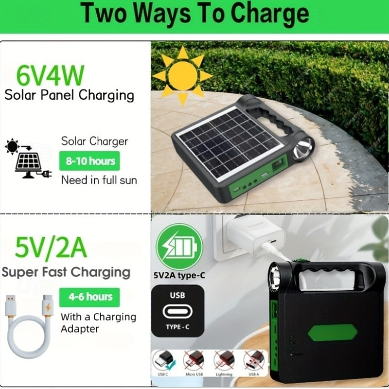 6000mAh Portable Solar Generator System Kit with Lithium Battery LED Lights USB Charger Solar Charging Panel for Outdoor Camping & Home Use3
