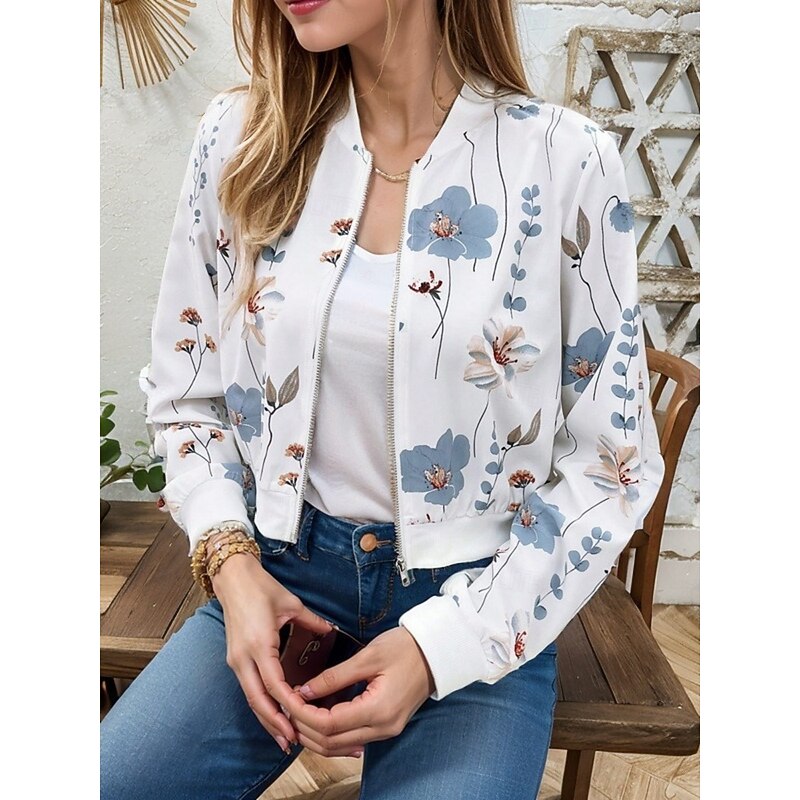 Women's Bomber Jacket Casual Jacket Comfortable Breathable Zipper Pocket Print Casual Floral Vacation Street Casual Daily Wear Zipper Short Stand Collar Regular Fit Long Sleeve Outerwear White Pink4