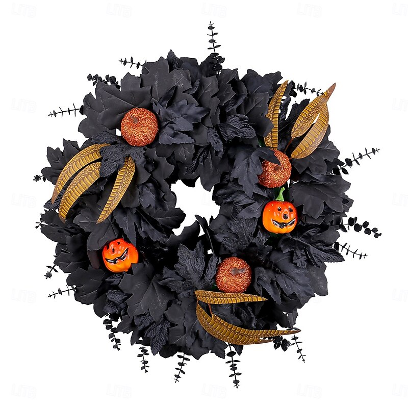 Halloween Wreath for Front Door Indoor Outdoor Decoration, Black Maple Leaf and Twig Garland with Faux Pumpkins, Spooky Vine Ring for Party Decor4