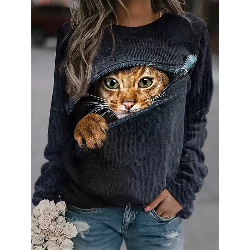 Women's Pullover Sweatshirt Hoodies Graphic Animal Cat Fashion Casual Long Sleeve Crew Neck Round Neck Regular Tops Street Dailywear Print Black Dark Blue Spring Fall Winter
