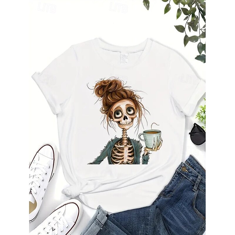Halloween Women's T Shirt Skulls Cotton Shirt Graphic Vintage Stylish Classic Short Sleeve Crew Neck Round Neck Regular Tops Daily Print White Summer2