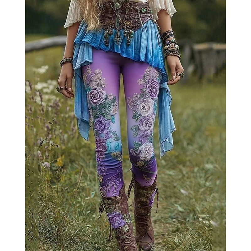 Women's Pants Trousers Leggings Cozy Leggings Casual Boho Full Length High Waist Flower Elastic Waist Print Breathability Comfortable Stretchy Vacation Street Daily Wear Pink Purple Brown Green2