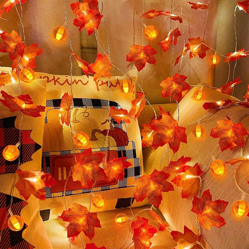 Halloween String Lights Maple Leaf Pumpkin Garland Lights Battery Powered Indoor Outdoor Hanging Decor for Chicago Shelf Desktop Theme Porch Thanksgiving Halloween Autumn Home Gardening Party Decor3