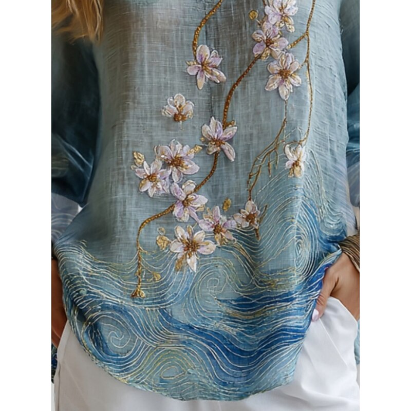 Women's Shirt Floral Daily Casual Long Sleeve V Neck Regular Tops Daily Holiday Buttons Print Blue Spring Fall2