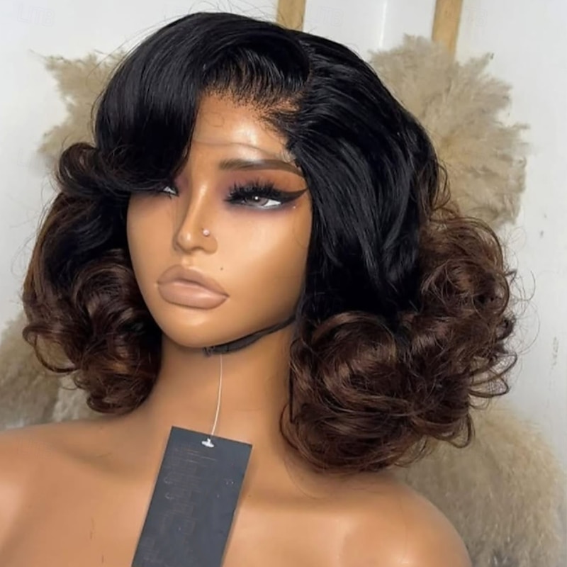 Remy Human Hair 5x5 Closure 13x4 Lace Front Wig Short Bob Brazilian Hair Loose Curl Brown Auburn Wig 130% 150% Density with Baby Hair Ombre Hair 100% Virgin Glueless Pre-Plucked For Women Short Human2