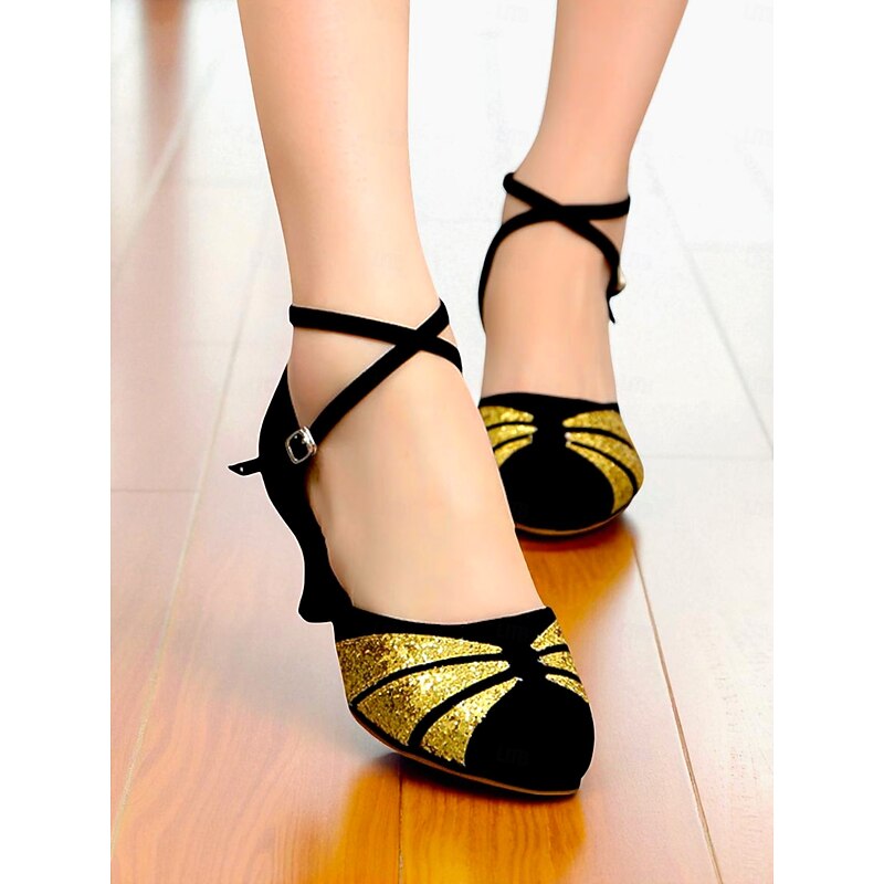 Women's Glitter Latin Dance Shoes - Red and Black Heels with Ankle Straps for Professional Ballroom and Salsa Performance3