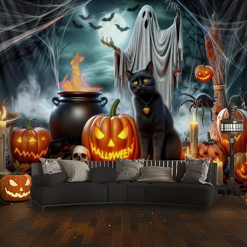 Halloween Witch Cauldron Wall Tapestry – Ghost, Pumpkins, and Potion Scene, Spooky Night Gothic Backdrop for 2025 HALLOWEEN Living Room, Bedroom, Party Decoration2