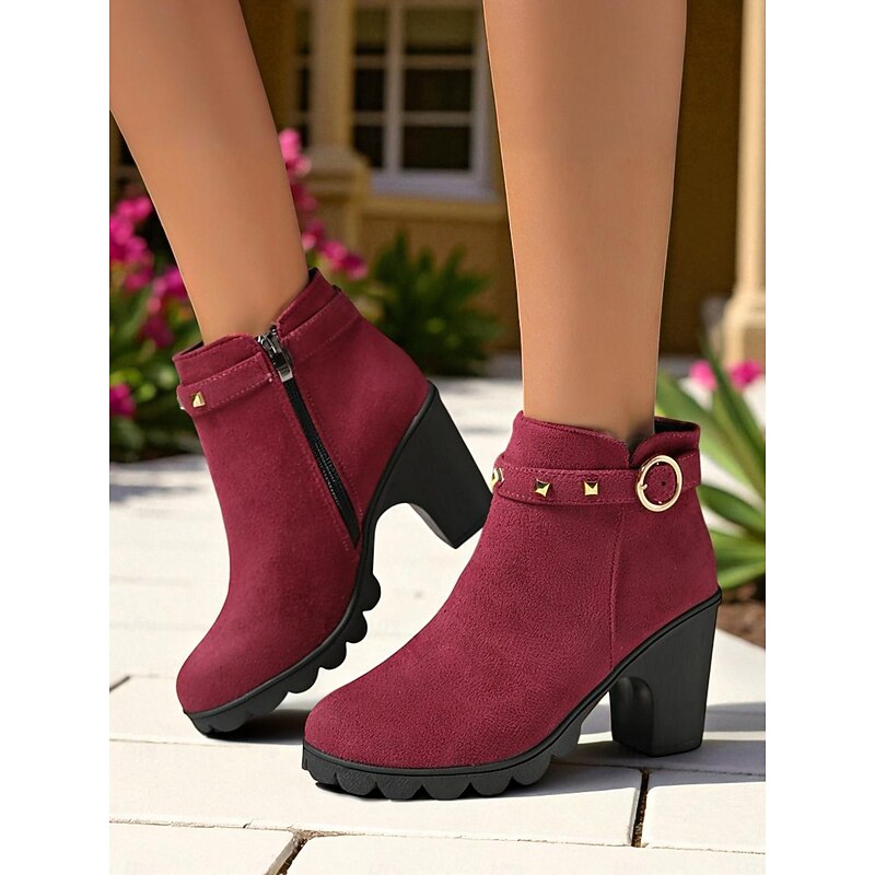 Women's Burgundy Faux Suede Ankle Boots – Chunky Heel Fashion Booties with Studded Strap for Fall Outfits, Parties and Shopping