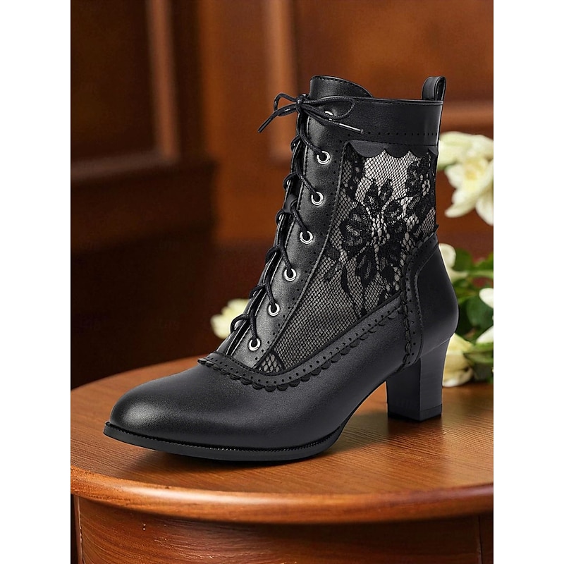 Women's Edwardian-Inspired Black Lace Ankle Boots - Vintage Mesh Mid Heel Lace-Up Victorian Booties for Gothic Fashion, Cosplay, and 1900s Themed Outfits