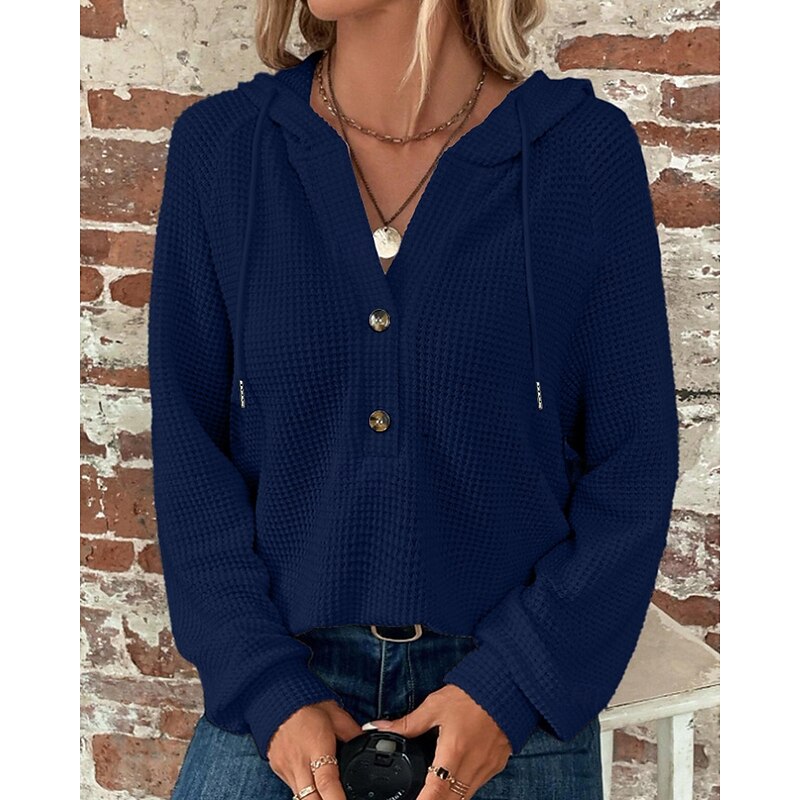 Women's Texture Sweatshirt Pullover Hoodie Sweatshirt Plain Streetwear Casual Long Sleeve Hooded Regular Tops Home Street Holiday Buttons Black White Navy Blue Fall Winter4