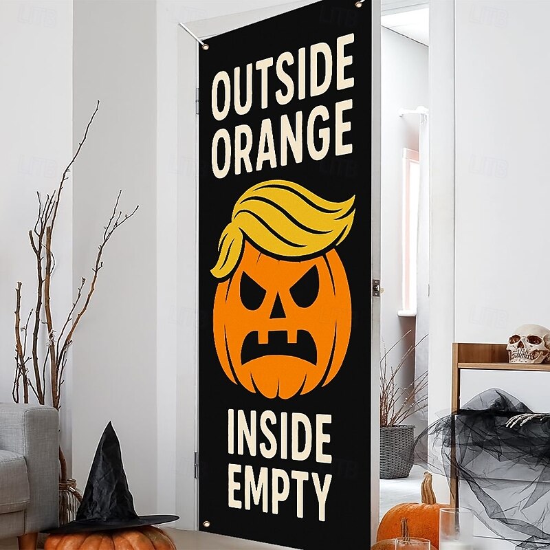 Halloween Door Cover – Pumpkin Face "Outside Orange Inside Empty" Design, Haunted House Entrance Banner, Scary Outdoor & Indoor Decoration for 2025 Halloween Bedroom, Living Room, Bathroom3